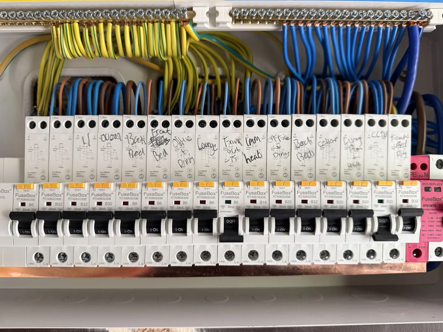 Close-up of RCBO circuit protection inside the new consumer unit